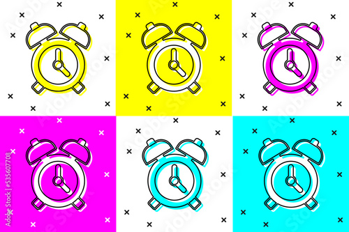 Set Alarm clock icon isolated on color background. Wake up, get up concept. Time sign. Vector