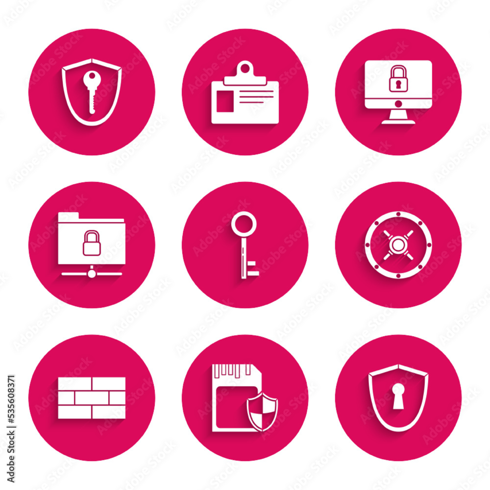 Set Key, SD card and shield, Shield with keyhole, Safe, Bricks, FTP folder lock, Lock on computer monitor screen and icon. Vector Set Key, SD card and shield, Shield with keyhole, Safe, Bricks, FTP folder lock, Lock on computer monitor screen and icon. Vector