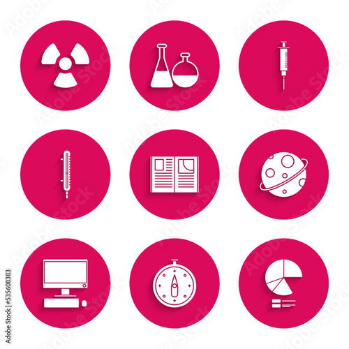 Set Open book, Compass, Pie chart infographic, Planet, Computer monitor with keyboard and mouse, Meteorology thermometer measuring, Syringe and Radioactive icon. Vector