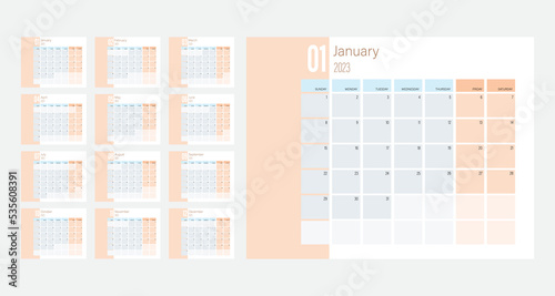 Monthly calendar template for 2023. Desk calendar in minimalist style. Vector week starts on Sunday.
