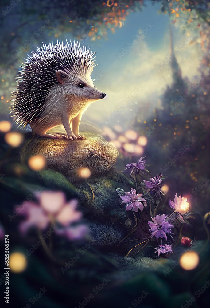 Obraz premium Beautiful fantasy hedgehog in sparkling forest enviroment. Digital art.