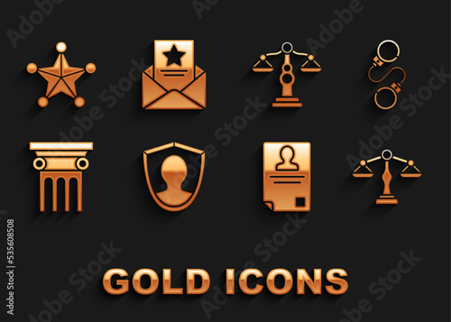 Set User protection, Handcuffs, Scales of justice, Identification badge, Law pillar, Hexagram sheriff and The arrest warrant icon. Vector