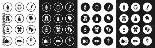 Set Wax crayon for drawing, Baby bottle, Teddy bear plush toy, Balloons with ribbon, Happy little girl head, footprints and icon. Vector