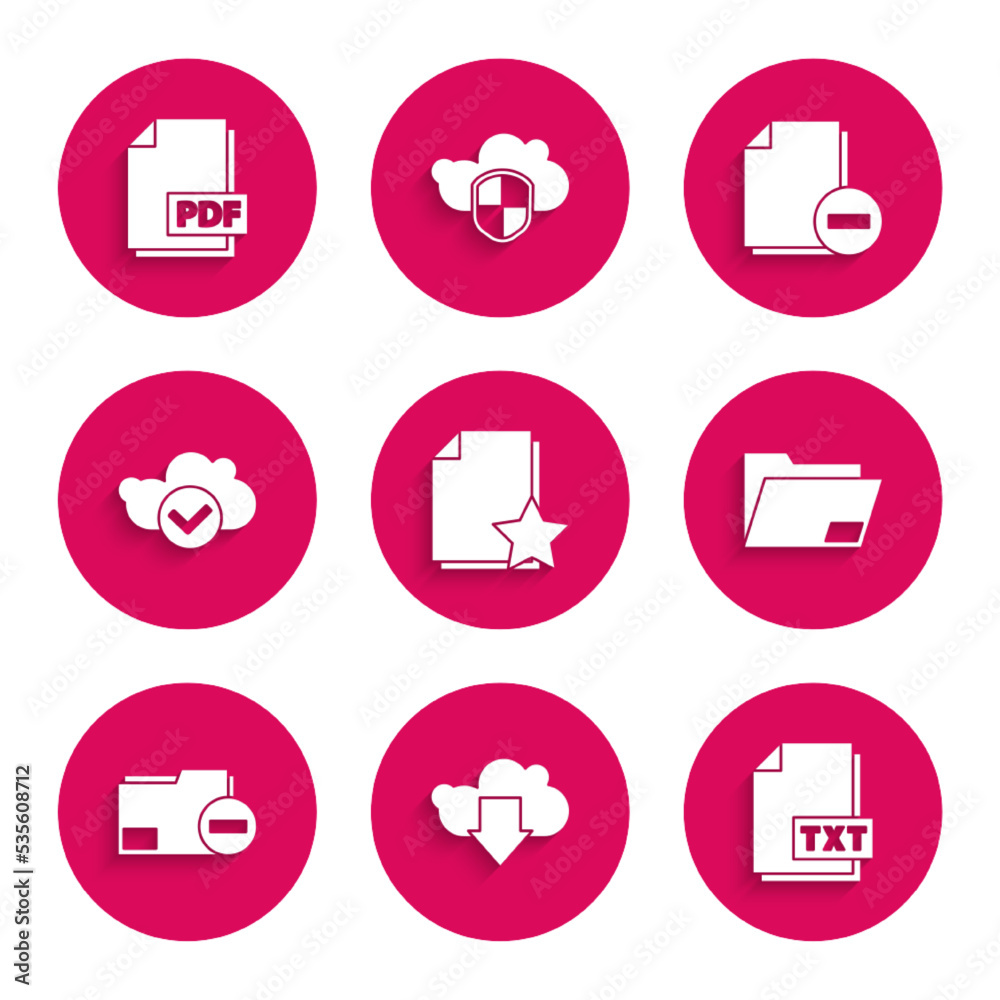 Set Document with star, Cloud download, TXT file document, folder, minus, check mark, and PDF icon. Vector