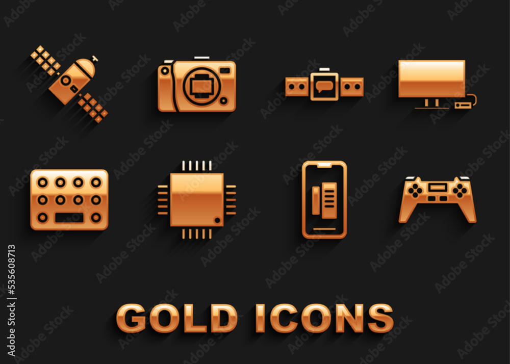 Set Processor with microcircuits CPU, Smart Tv, Gamepad, Smartphone, mobile phone, Pills in blister pack, Smartwatch, Satellite and Mirrorless camera icon. Vector Set Processor with microcircuits CPU, Smart Tv, Gamepad, Smartphone, mobile phone, Pills in blister pack, Smartwatch, Satellite and Mirrorless camera icon. Vector