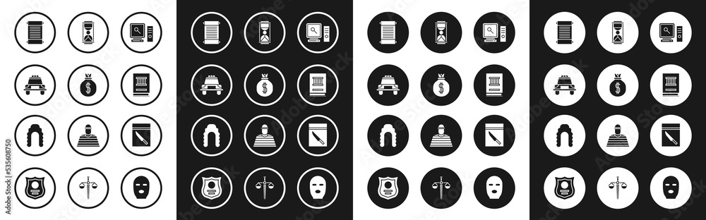 Set Search on computer screen, Money bag, Police car and flasher, Decree, paper, parchment, scroll, Law book, Old hourglass with sand, Evidence knife and Judge wig icon. Vector Set Search on computer screen, Money bag, Police car and flasher, Decree, paper, parchment, scroll, Law book, Old hourglass with sand, Evidence knife and Judge wig icon. Vector