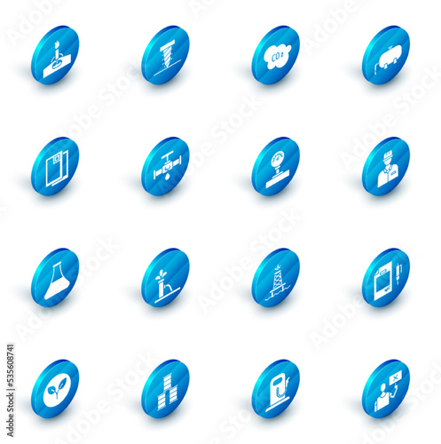 Set Rotating drill digging a hole, CO2 emissions cloud, Oil industrial factory building, Barrel oil, petrol test tube, Broken pipe with leaking water, Oilman and Gauge scale icon. Vector