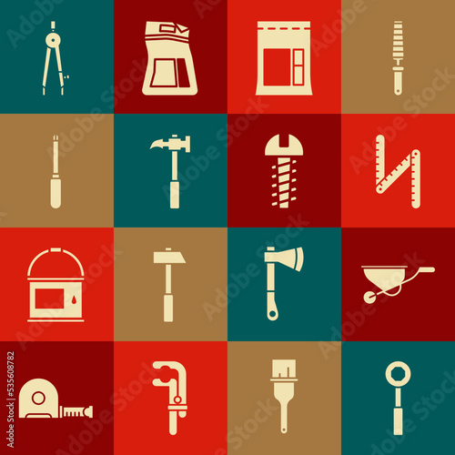 Set Wrench spanner, Wheelbarrow, Folding ruler, Cement bag, Claw hammer, Screwdriver, Drawing compass and Metallic screw icon. Vector