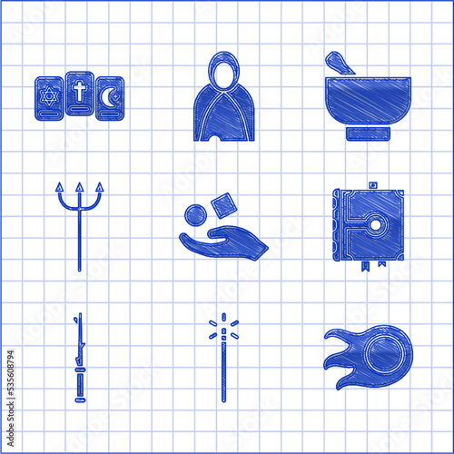 Set Cube levitating above hand, Magic wand, Fireball, Ancient magic book, Neptune Trident, mortar pestle and Three tarot cards icon. Vector