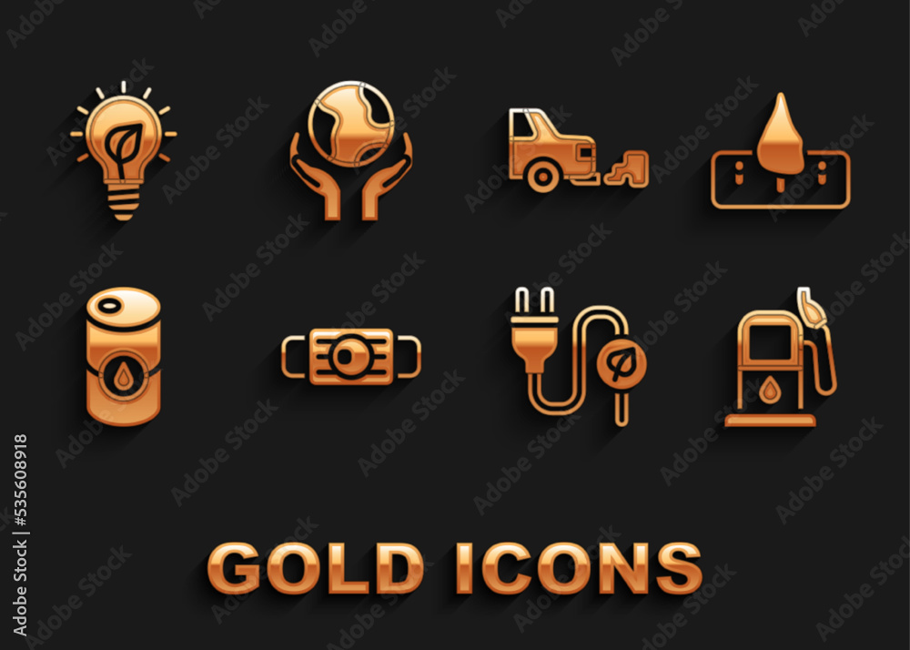Set Medical protective mask, Deforestation, Petrol gas, Electric saving plug in leaf, Barrel oil, Car exhaust, Light bulb with and Hands holding Earth globe icon. Vector Set Medical protective mask, Deforestation, Petrol gas, Electric saving plug in leaf, Barrel oil, Car exhaust, Light bulb with and Hands holding Earth globe icon. Vector