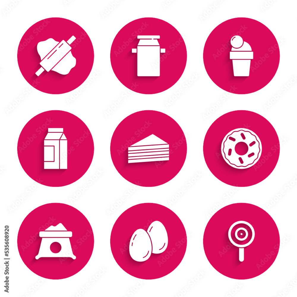 Set Cake, Easter eggs, Lollipop, Donut, Bag of flour, Paper package for milk, Ice cream and Rolling pin dough icon. Vector Set Cake, Easter eggs, Lollipop, Donut, Bag of flour, Paper package for milk, Ice cream and Rolling pin dough icon. Vector