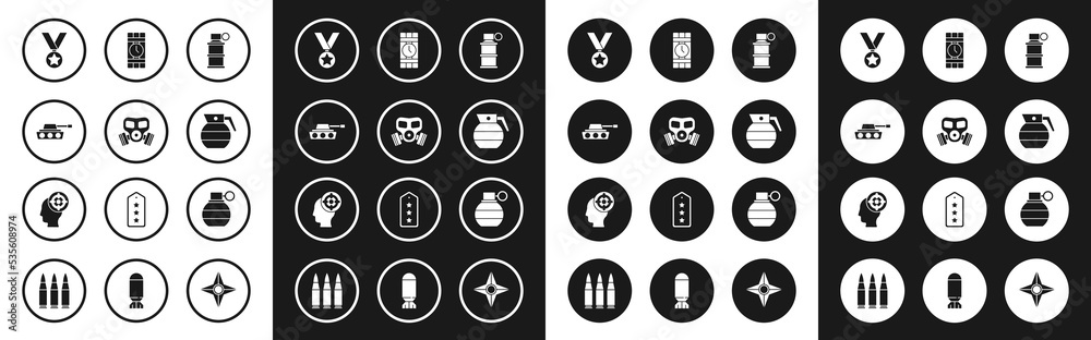 Set Hand smoke grenade, Gas mask, Military tank, reward medal, Dynamite timer clock, and Target sport icon. Vector Set Hand smoke grenade, Gas mask, Military tank, reward medal, Dynamite timer clock, and Target sport icon. Vector