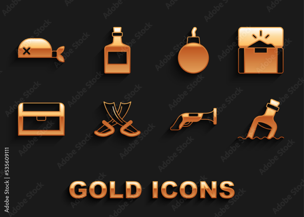 Set Crossed pirate swords, Antique treasure chest, Bottle with message in water, Vintage pistol, Bomb ready explode, Pirate bandana for head and Alcohol drink Rum icon. Vector Set Crossed pirate swords, Antique treasure chest, Bottle with message in water, Vintage pistol, Bomb ready explode, Pirate bandana for head and Alcohol drink Rum icon. Vector
