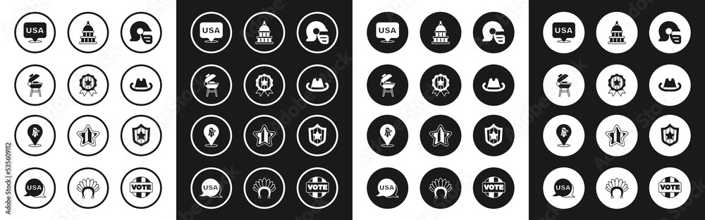 Set American football helmet, Medal with star, Barbecue grill, USA Independence day, Western cowboy hat, White House, Shield stars and Eagle icon. Vector Set American football helmet, Medal with star, Barbecue grill, USA Independence day, Western cowboy hat, White House, Shield stars and Eagle icon. Vector