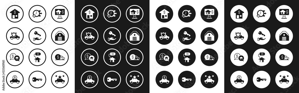 Set Online real estate, House key, Car with shield, dollar, Garage, Clock, rental and Price negotiation icon. Vector