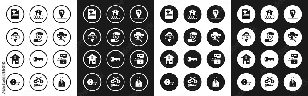 Set Location house, House with shield, key, contract, Car sharing, dollar, Price negotiation and icon. Vector Set Location house, House with shield, key, contract, Car sharing, dollar, Price negotiation and icon. Vector