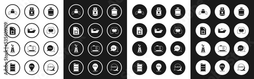 Set Propane gas tank, Oil tanker ship, Canister for motor oil, Metallic pipes and valve, Spare wheel in the car, Word and rig icon. Vector