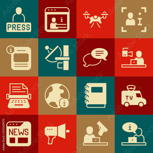 Set Television report, TV News car, Breaking news, Drone, Radar, Information, Journalist and Speech bubble chat icon. Vector