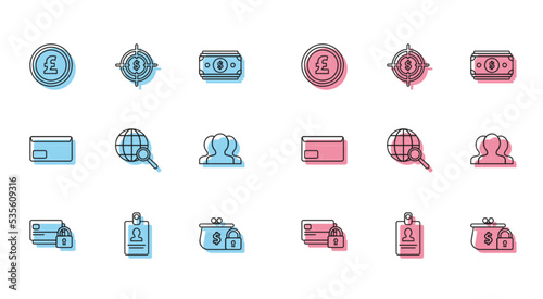 Set line Credit card with lock, Identification badge, Coin money pound sterling symbol, Closed wallet, Magnifying glass globe, Users group, Envelope and Target dollar icon. Vector