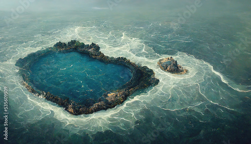 Aerial view of small exotic atoll islands in the open ocean sea. Beautiful nature. 3D illustration. photo
