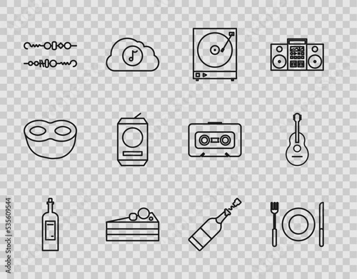 Set line Bottle of wine, Plate, fork and knife, Vinyl player with vinyl disk, Cake, Grilled shish kebab, Beer can, Champagne bottle and Guitar icon. Vector