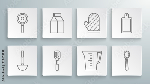Set line Kitchen ladle, Paper package for milk, Spatula, Measuring cup, Spoon, Oven glove, Cutting board and Frying pan icon. Vector