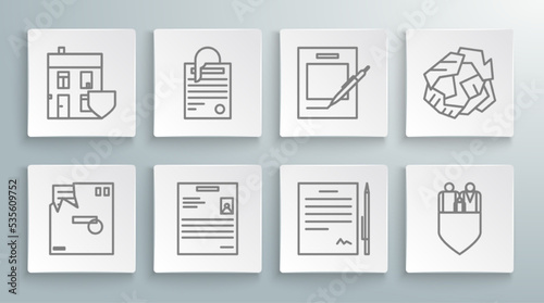Set line Ordered envelope, File document and paper clip, Personal, Contract with pen, Family insurance shield, Blank notebook, Crumpled ball and House icon. Vector