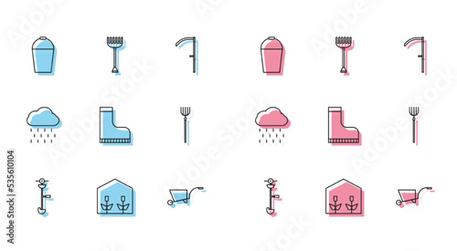 Set line Grass and weed electric string trimmer, Home greenhouse plants, Bucket, Wheelbarrow, Waterproof rubber boot, Garden pitchfork, Cloud with rain and rake icon. Vector