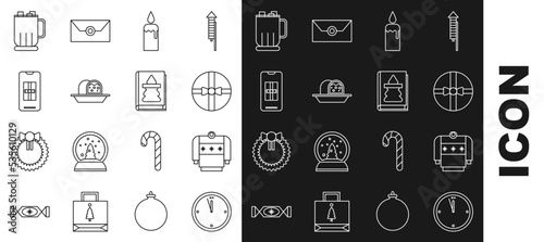 Set line Clock, Christmas sweater, Gift box, Burning candle in candlestick, Marzipan sponge cake, Smartphone with gift, Hot chocolate cup marshmallows and book icon. Vector