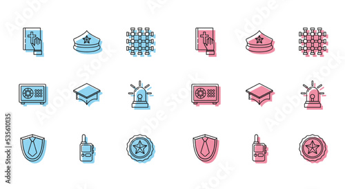 Set line Tie, Walkie talkie, Oath on the Holy Bible, Police badge, Graduation cap, Flasher siren, Safe and with cockade icon. Vector