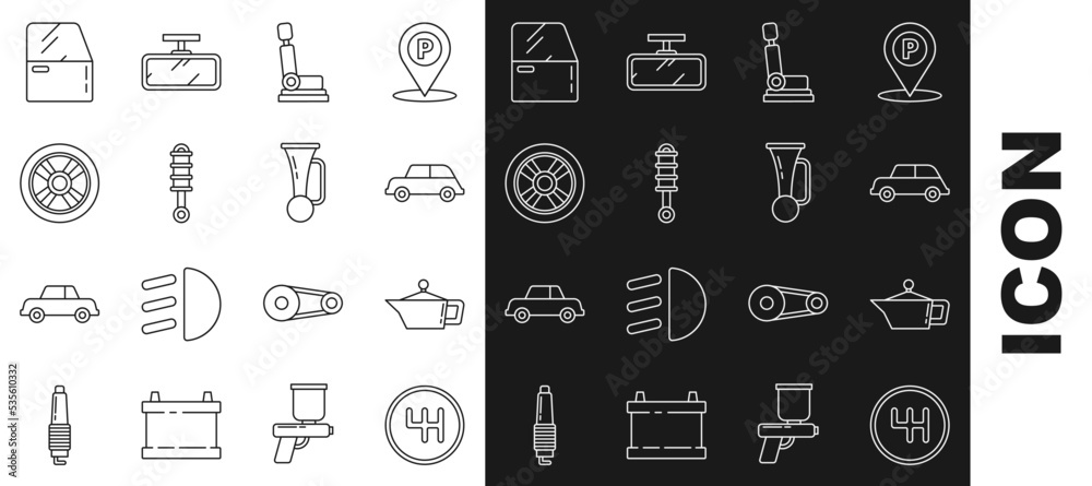 Set line Gear shifter, Canister for motor machine oil, Car, seat, Shock absorber, wheel, door and Signal horn on vehicle icon. Vector
