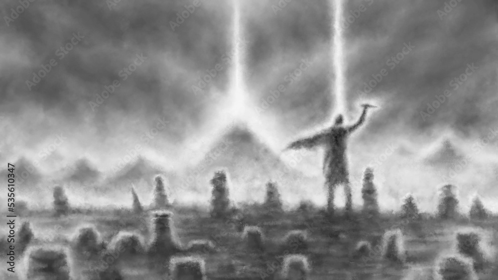 Radiant monk raises a ritual dagger above his head. Ancient gods worship. Ray of light over sacred mountain. 2D illustration horror fantasy genre. Legends from the past. Black and white background.