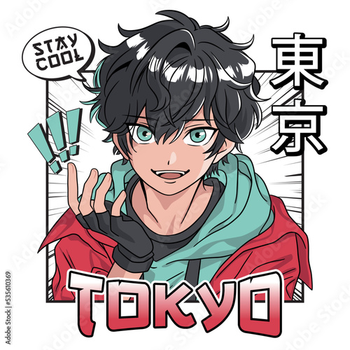 Canvas Print Cool boy comic illustration with Japanese translation Tokyo
