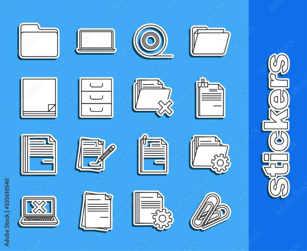 Set line Paper clip, Folder settings with gears, File document and binder, Scotch, Drawer documents, Document folder and Delete icon. Vector Set line Paper clip, Folder settings with gears, File document and binder, Scotch, Drawer documents, Document folder and Delete icon. Vector