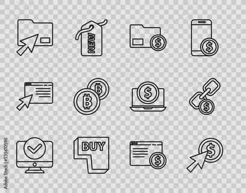 Set line Computer monitor, Cursor and coin, Envelope with dollar, Buy button, click document folder, Cryptocurrency Bitcoin, Online shopping screen and Chain link icon. Vector