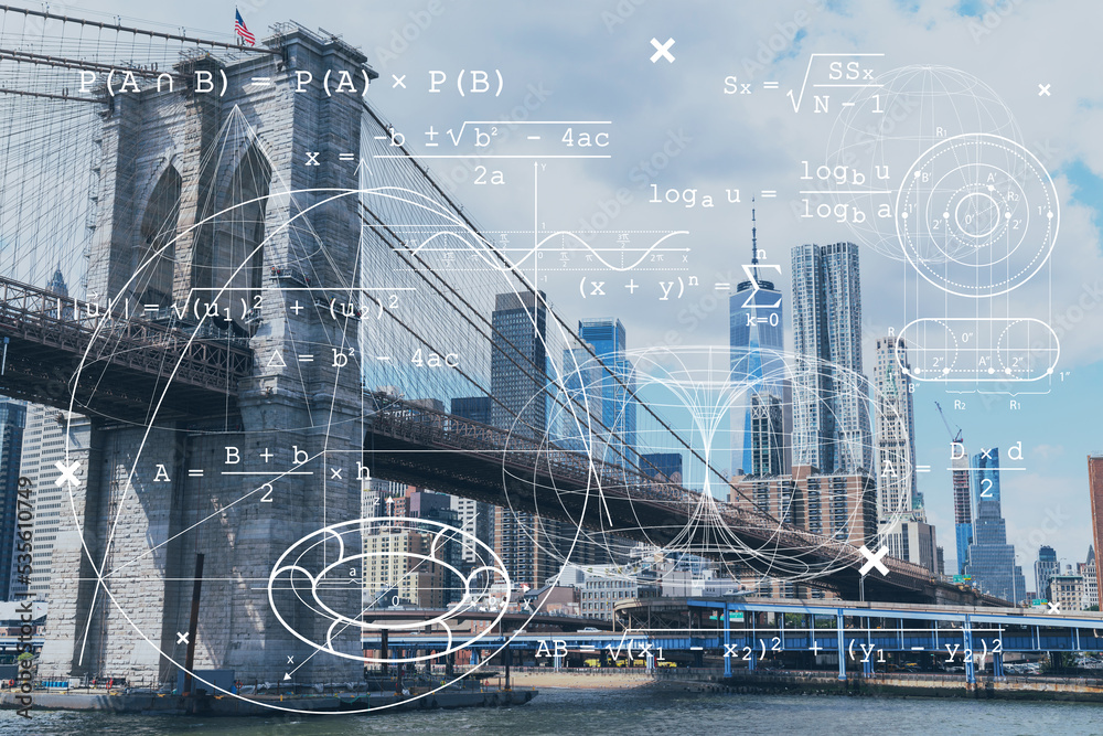 Obraz premium Brooklyn bridge with New York City Manhattan, financial downtown skyline panorama at day time over East River. Technologies and education concept. Academic research, top ranking university, hologram