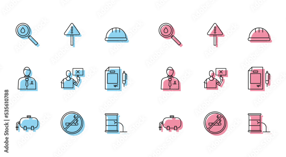 Set line Oil industrial factory building, No Smoking, drop, Barrel oil leak, Nature saving protest, Contract money and pen, Businessman stock market trader and Exclamation triangle icon. Vector Set line Oil industrial factory building, No Smoking, drop, Barrel oil leak, Nature saving protest, Contract money and pen, Businessman stock market trader and Exclamation triangle icon. Vector