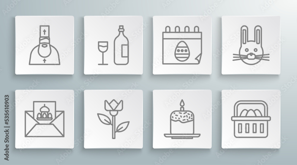 Set line Greeting card with Happy Easter, Wine bottle glass, Flower tulip, cake and candle, Basket easter eggs, Calendar, rabbit and Priest icon. Vector