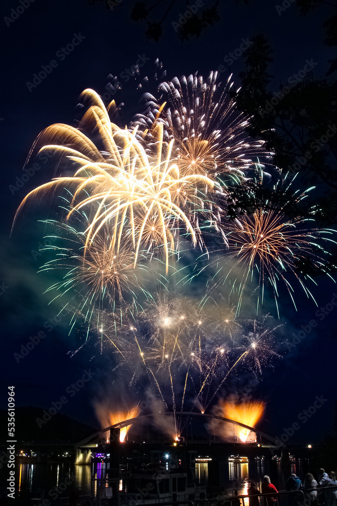 Colorful bavarian fireworks at danube in flames 2022 festival, Vilshofen, Danube, Bavaria