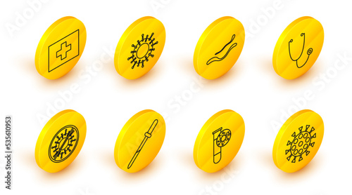 Set line Virus, Test tube with virus, Pipette, Stop, Stethoscope, Ebola disease, and First aid kit icon. Vector