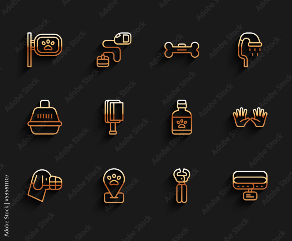 Set line Dog in muzzle, Location pet grooming, Pet, nail clippers, Collar with name tag, Hair brush for dog and, Medical rubber gloves and medicine bottle icon. Vector Set line Dog in muzzle, Location pet grooming, Pet, nail clippers, Collar with name tag, Hair brush for dog and, Medical rubber gloves and medicine bottle icon. Vector