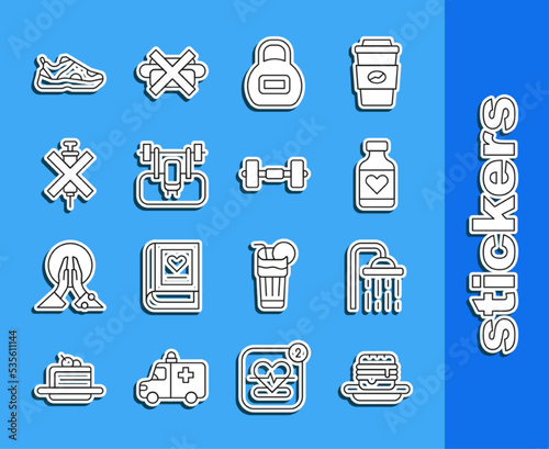 Set line Junk food, Shower head, Vitamin pill, Kettlebell, Bench with barbel, No doping syringe, Sport sneakers and Dumbbell icon. Vector