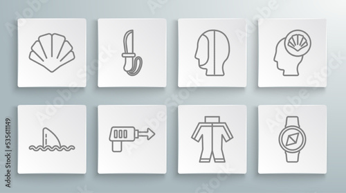 Set line Shark fin in ocean wave, Knife, Fishing harpoon, Wetsuit, Compass, Diving hood, Scallop sea shell and icon. Vector