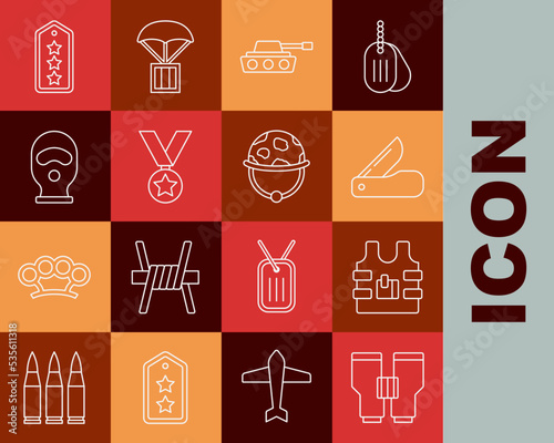 Set line Binoculars, Bulletproof vest, Swiss army knife, Military tank, reward medal, Balaclava, rank and helmet icon. Vector