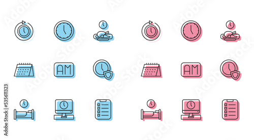 Set line Time to sleep, Monitor time, Clock with arrow, To do list planning, Morning, shield, Calendar and icon. Vector