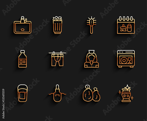 Set line Bucket with rag, Kitchen apron, Washbasin, Garbage bag, Clean vase, Drying clothes, Dishwasher machine and Cleaning lady service icon. Vector