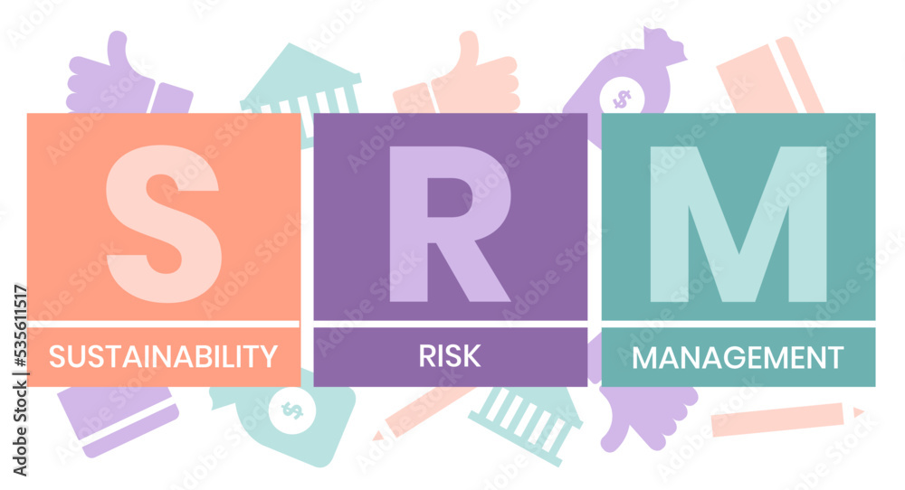 SRM - Sustainability Risk Management acronym. business concept background. vector illustration concept with keywords and icons. lettering illustration with icons for web banner, flyer, landing