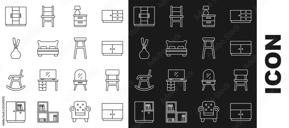 Set line Wardrobe, Chair, Chest of drawers, Furniture nightstand with lamp, Big bed, Vase, and icon. Vector Set line Wardrobe, Chair, Chest of drawers, Furniture nightstand with lamp, Big bed, Vase, and icon. Vector