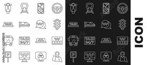 Set line Folded map with location, Taximeter, Traffic light, City navigation, High-speed train, car roof, Scooter and call telephone service icon. Vector