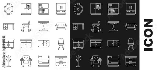Set line Furniture nightstand, Chair, Sofa, Library bookshelf, Armchair, Office desk, Mirror and Round table icon. Vector
